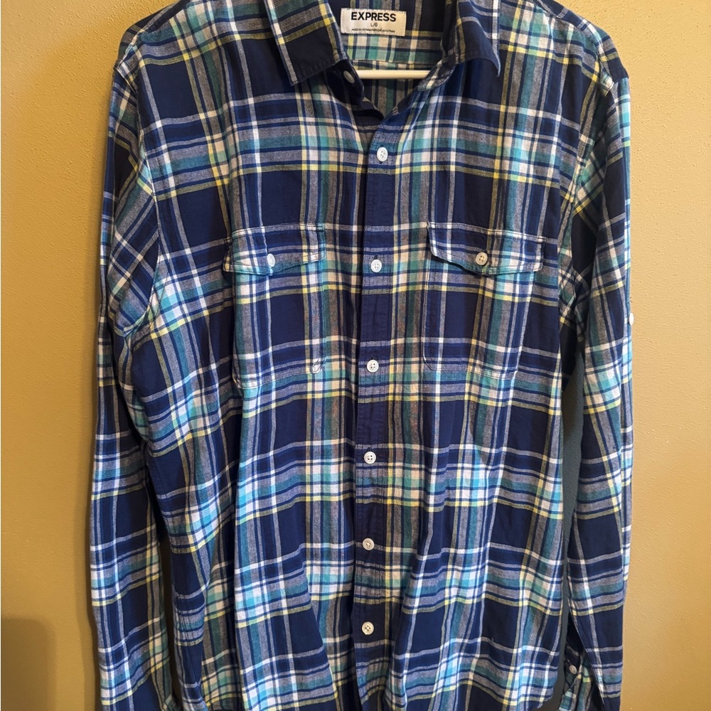 Express Men's Navy and Green Plaid Shirt